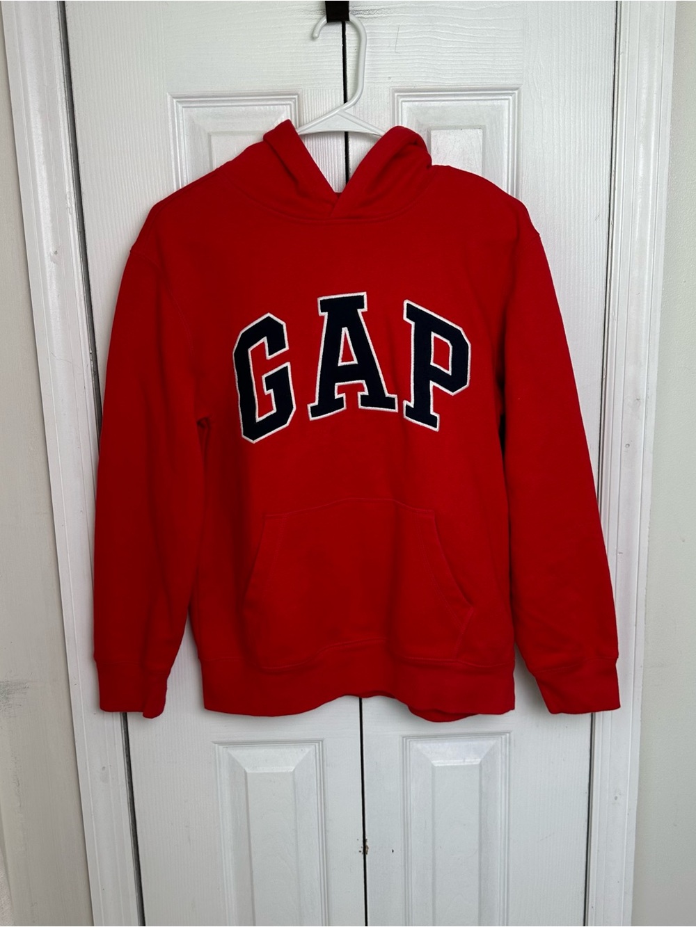 GAP Kids Red Hooded Sweatshirt with Navy Lettering can be unisex